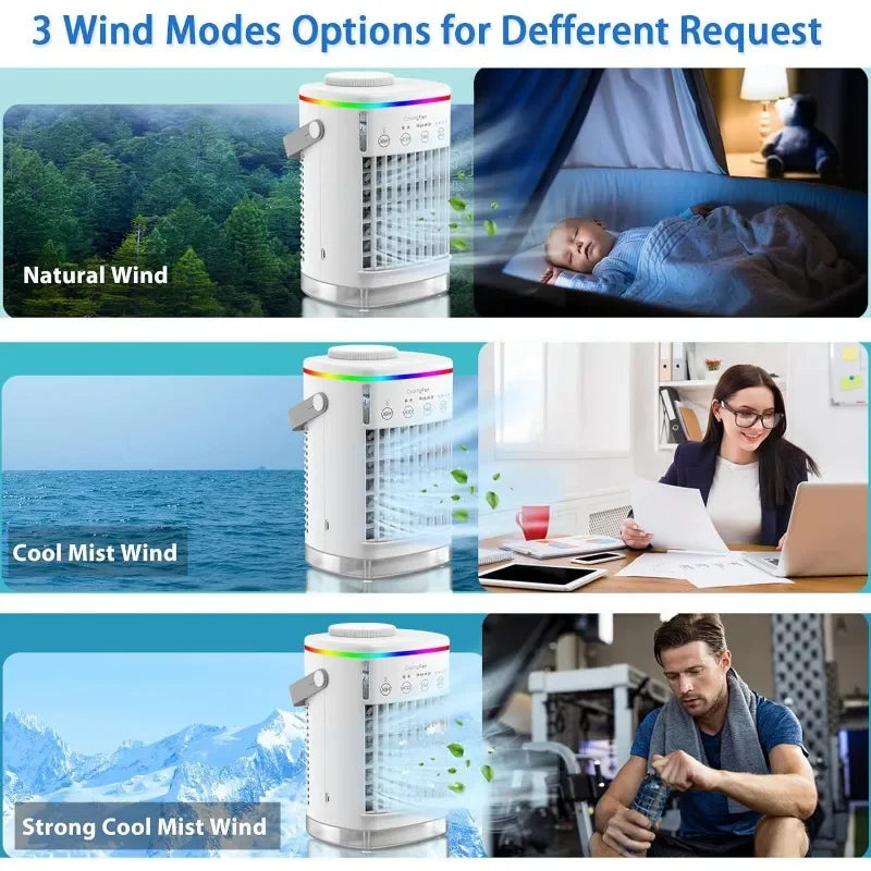 Portable Air Cooler,Desktop Cooling Fan with 4 Wind Speed & Colorful Light,Smart Air Conditioner Fan with Cool Mist & 2-8H Timer